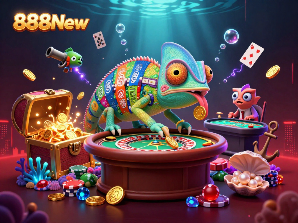 Experience the thrill of 888New casino with vibrant chameleon owner, gold coins, and colorful underwater treasures.