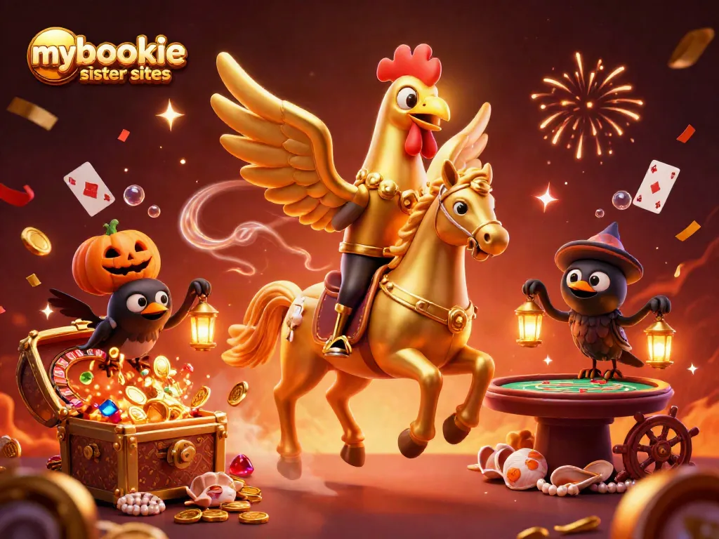 Engage with mybookie sister sites at this dynamic casino illustration featuring colorful characters and gaming elements.