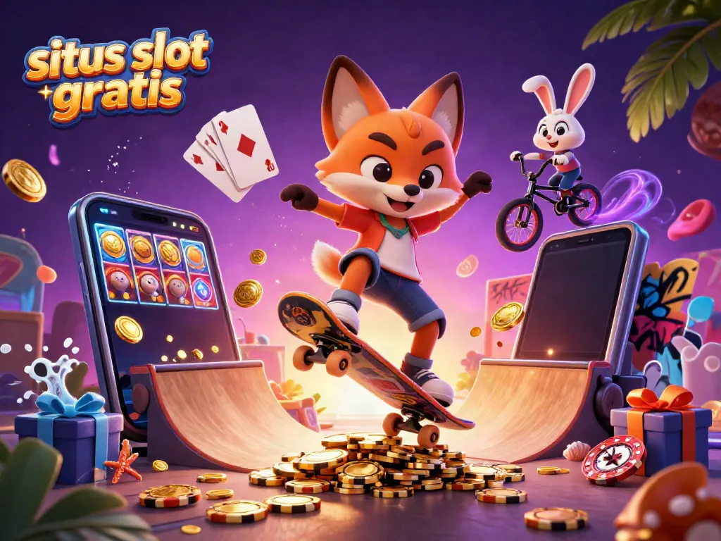 Experience situs slot gratis excitement with a cartoon fox skateboarding over golden poker chips.