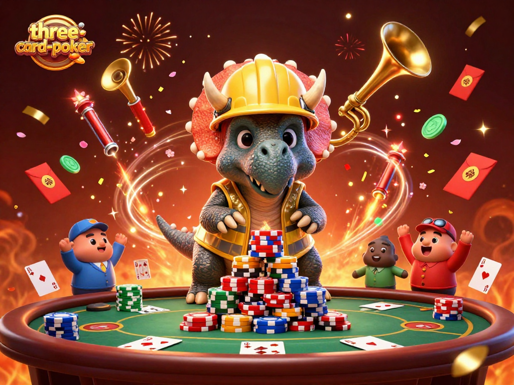 three-card-poker celebration scene with vibrant characters and dynamic casino elements