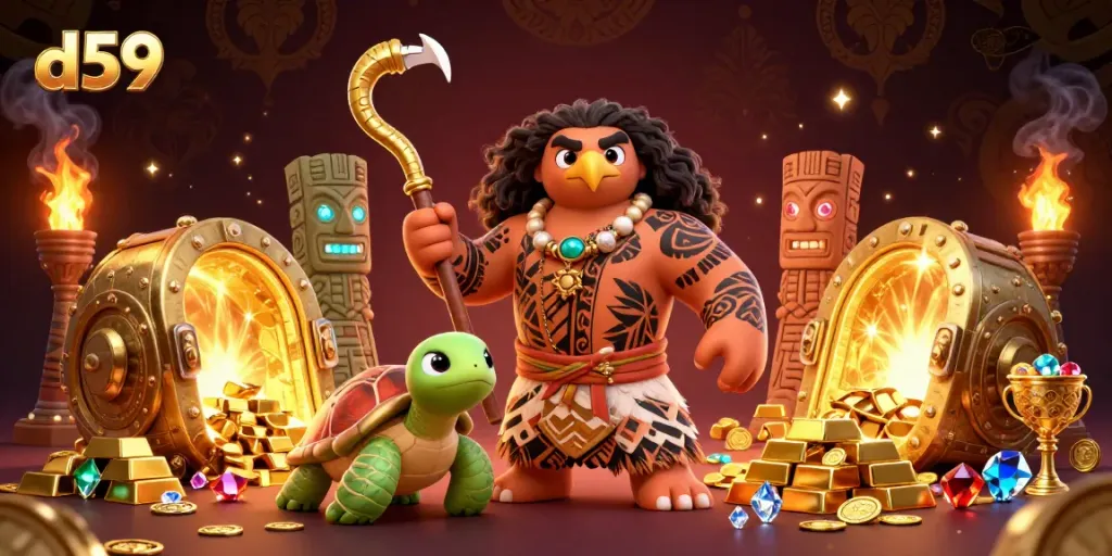 Play exciting games on d59 with vibrant visuals of a Hawaiian demigod enjoying a casino experience.
