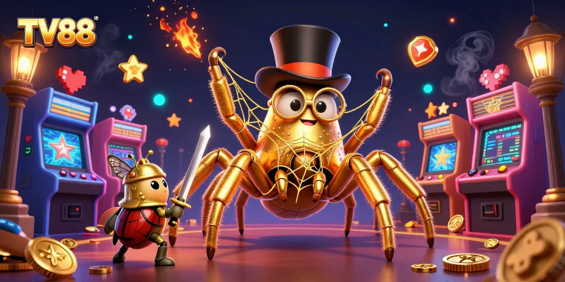 Engage with TV88's vibrant casino world featuring a golden tarantula and bold beetle knight.