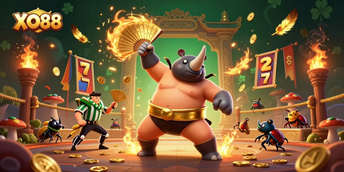 XO88 captures the thrilling energy of a sumo wrestling match with a beetle champion surrounded by vibrant casino elements.