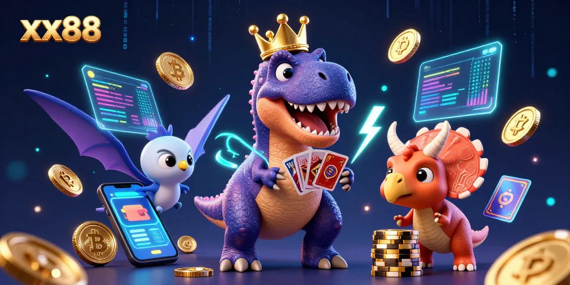 Experience the thrill of xx88 with a T-Rex shuffling cards, surrounded by vibrant casinos and crypto elements.