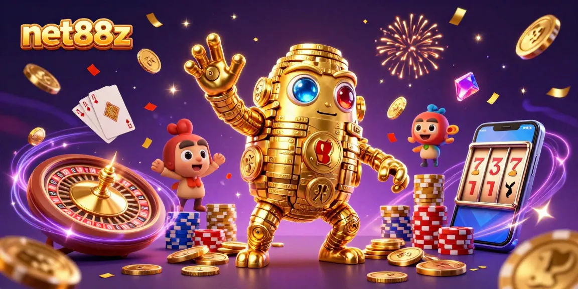 Experience thrilling gameplay excitement with net88z's vibrant casino scene featuring a golden golem and spinning roulette wheel.