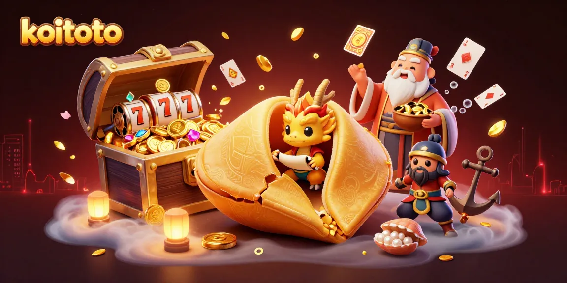 Koitoto offers an exciting slot experience with a giant golden fortune cookie and a wise dragon amidst scattered treasures.