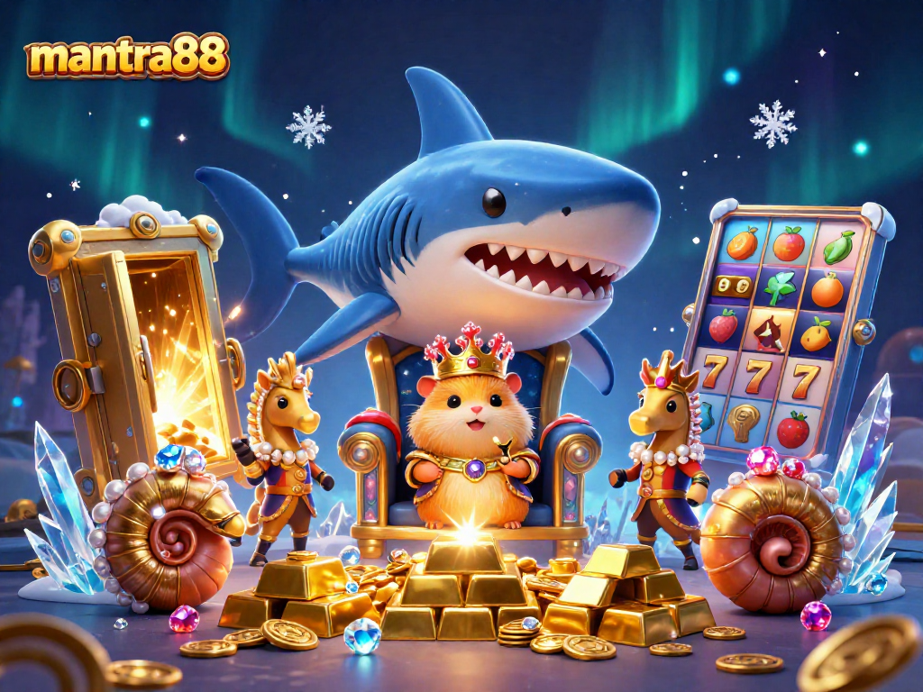 Experience mantra88's winning slots with the golden hamster king surrounded by treasure and excitement.