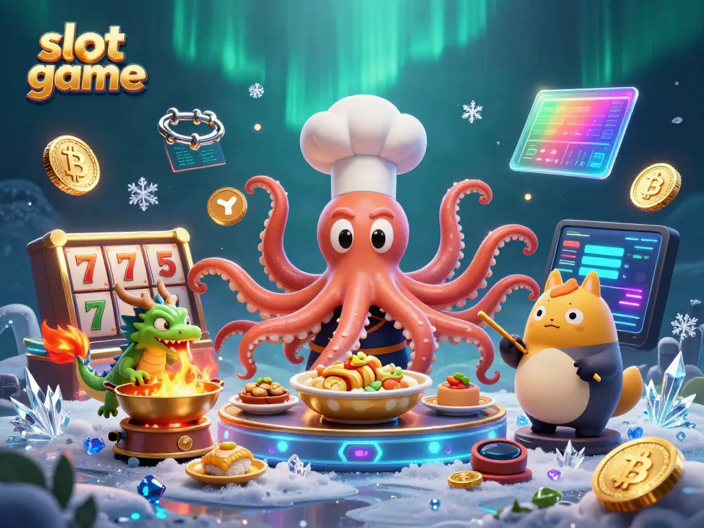 Engage in the vibrant slot game universe featuring a sushi chef octopus, a dragon, and a tanuki.