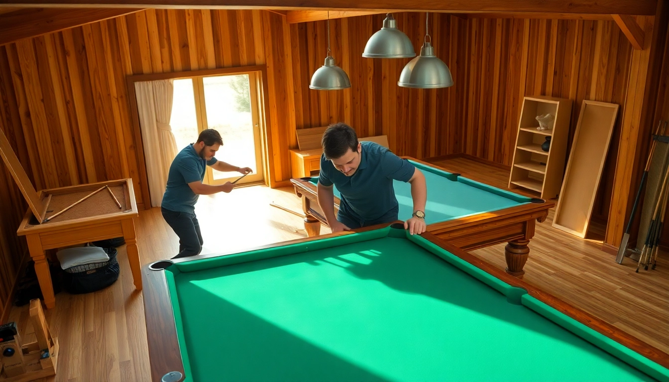 Pool table mover skillfully dismantling a slate pool table in a bright room.