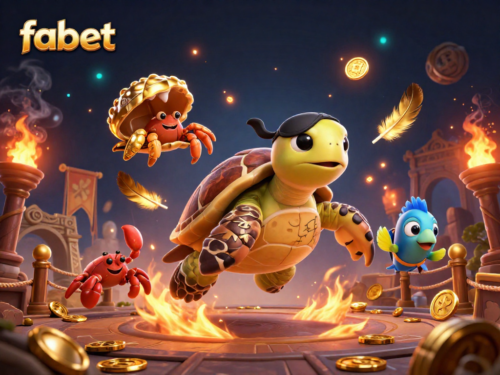 Engage with FABET's thrilling offerings featuring a pirate turtle and treasures in a vibrant casino scene.