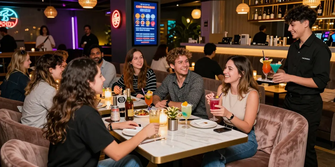 Social gathering at a trendy lounge featuring 오피사이트 promotions, colorful cocktails, and vibrant atmosphere.