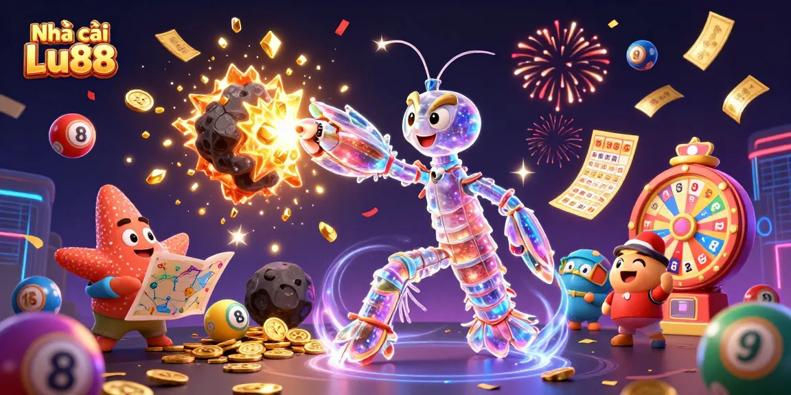 Engage with Nhà cái Lu88 featuring a cosmic samurai and vibrant lottery elements in an exciting casino scene.