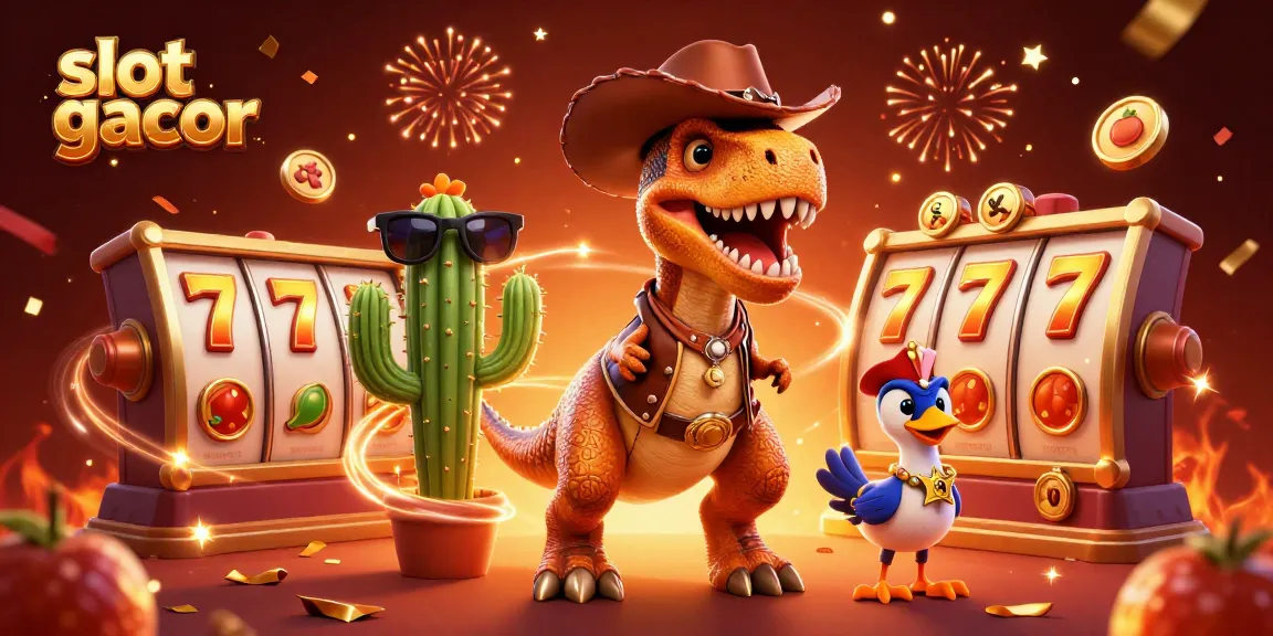 Visualisasi menang slot gacor menggunakan dinosaur koboi dan karakter unik dengan elemen judi