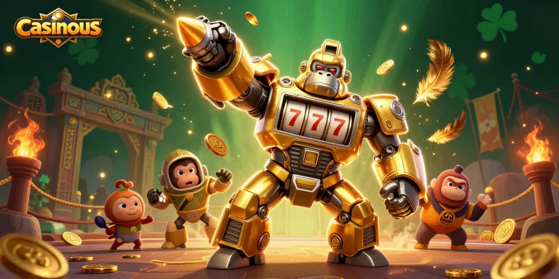 Casinous showcases a dynamic 3D illustration featuring a golden gorilla mech with slot machine elements, capturing casino excitement.