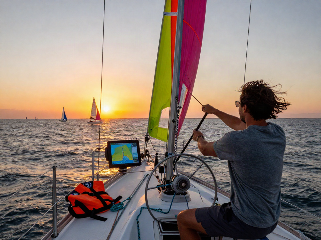 Sailor adjusting sails on yacht during sunset for slot 5k adventure.