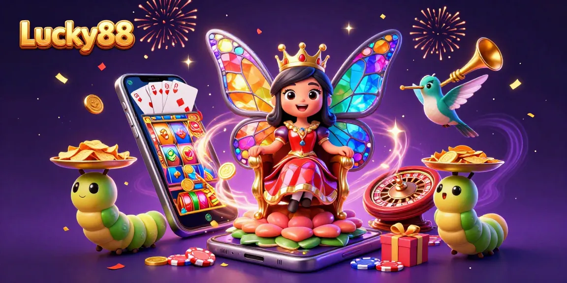 Engage with Lucky88's vibrant casino visuals featuring games, chips, and celebratory elements for a thrilling experience.