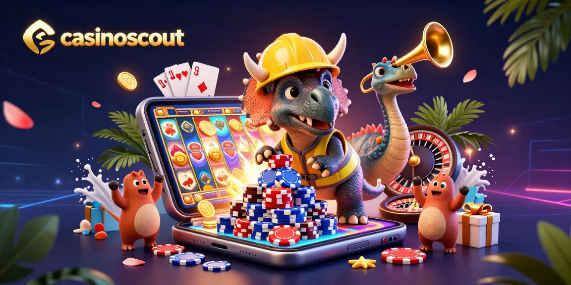 casinoscout showcases a vibrant 3D casino scene with a triceratops and festive elements celebrating gaming