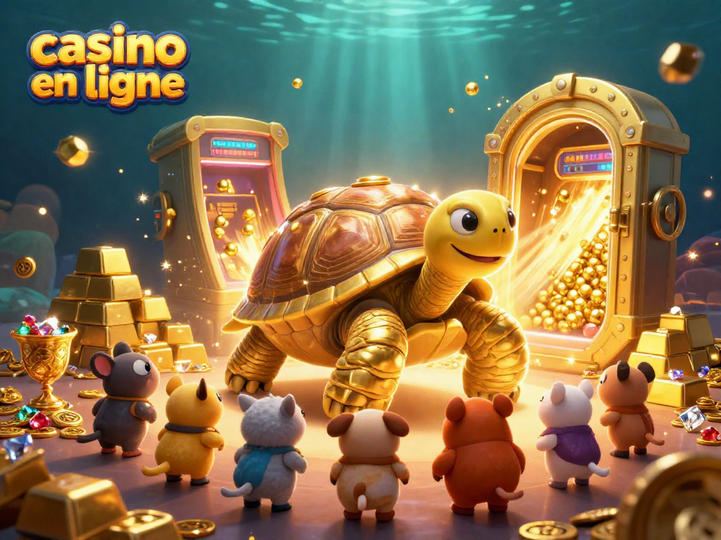 Jouez sur un casino en ligne avec des gains d'or illimités dans une scène animée de tortue géante.
