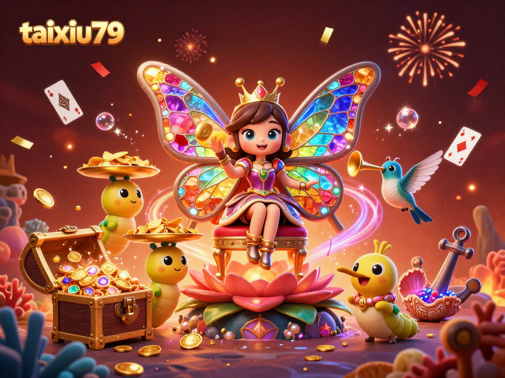Engage with taixiu79 as the butterfly queen presides over a vibrant casino scene filled with treasure and excitement.