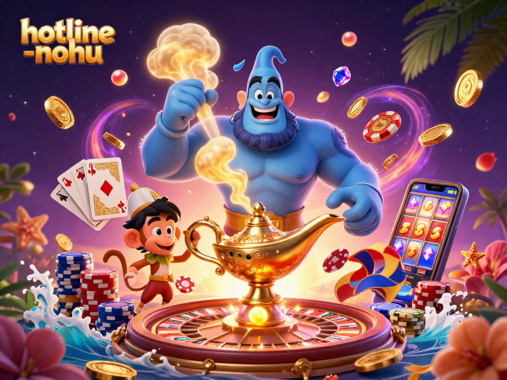 Experience the excitement of hotline-nohu with a vibrant 3D illustration featuring a genie, roulette wheel, and more.