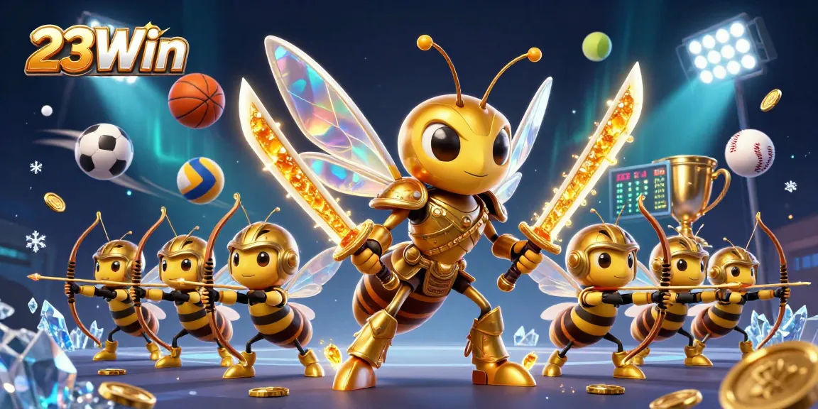 Experience the excitement of 23Win as the golden hornet battles for winning bets among vibrant sports elements.
