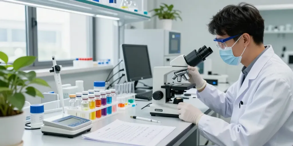 Buy peptides Canada: Researcher in lab examining peptide samples with vials on workbench.