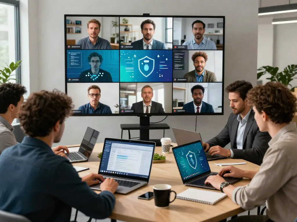 Deepfake protected Online Video Calls, Meetings and Conferencing with professionals engaged in secure virtual collaboration.