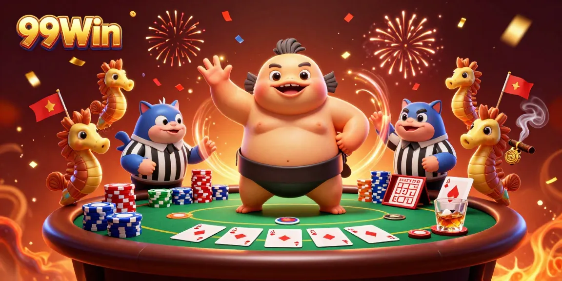Experience thrilling poker action at 99Win with a fugu sumo wrestler in an underwater casino scene.