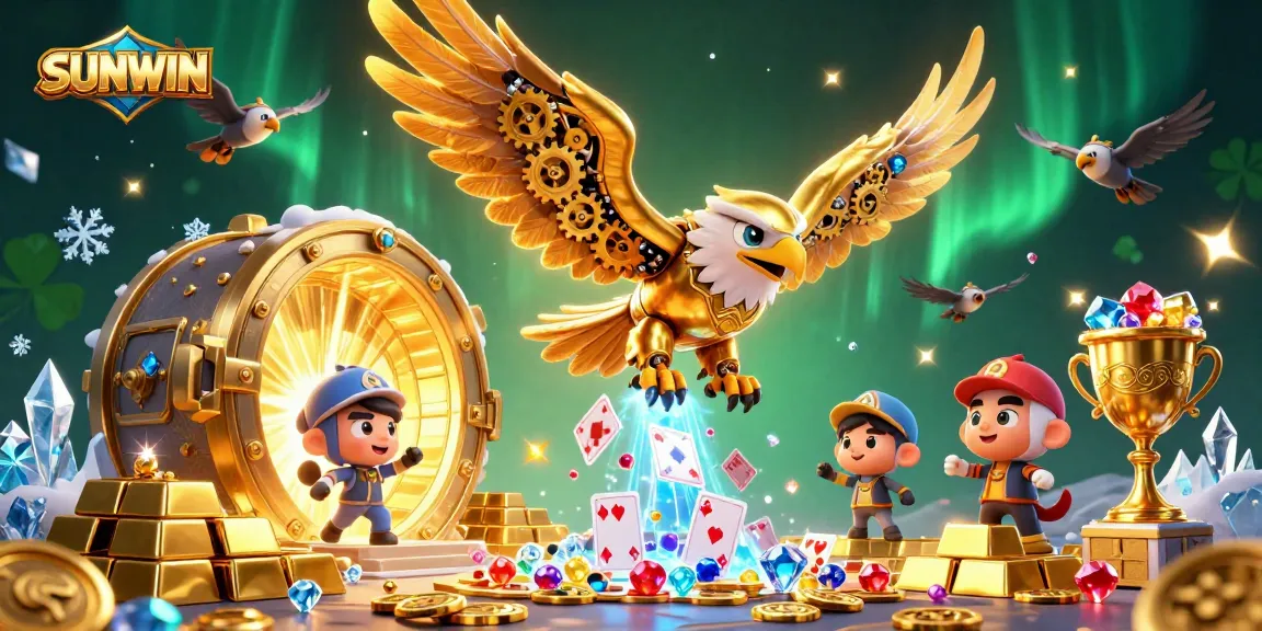 SUNWIN's dynamic scene showcasing a cybernetic eagle surrounded by holographic cards and treasures, perfect for online casino promotions.