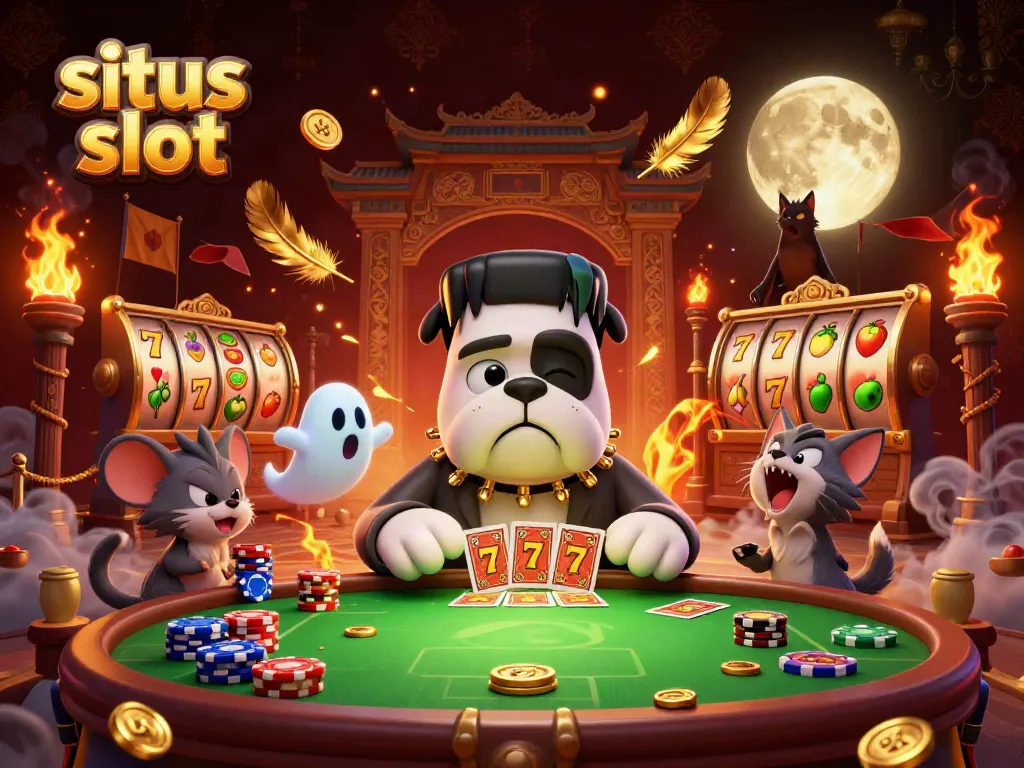 Gengsi permainan situs slot dengan karakter Frankenstein bulldog dan kucing werewolf di meja hijau spooky.