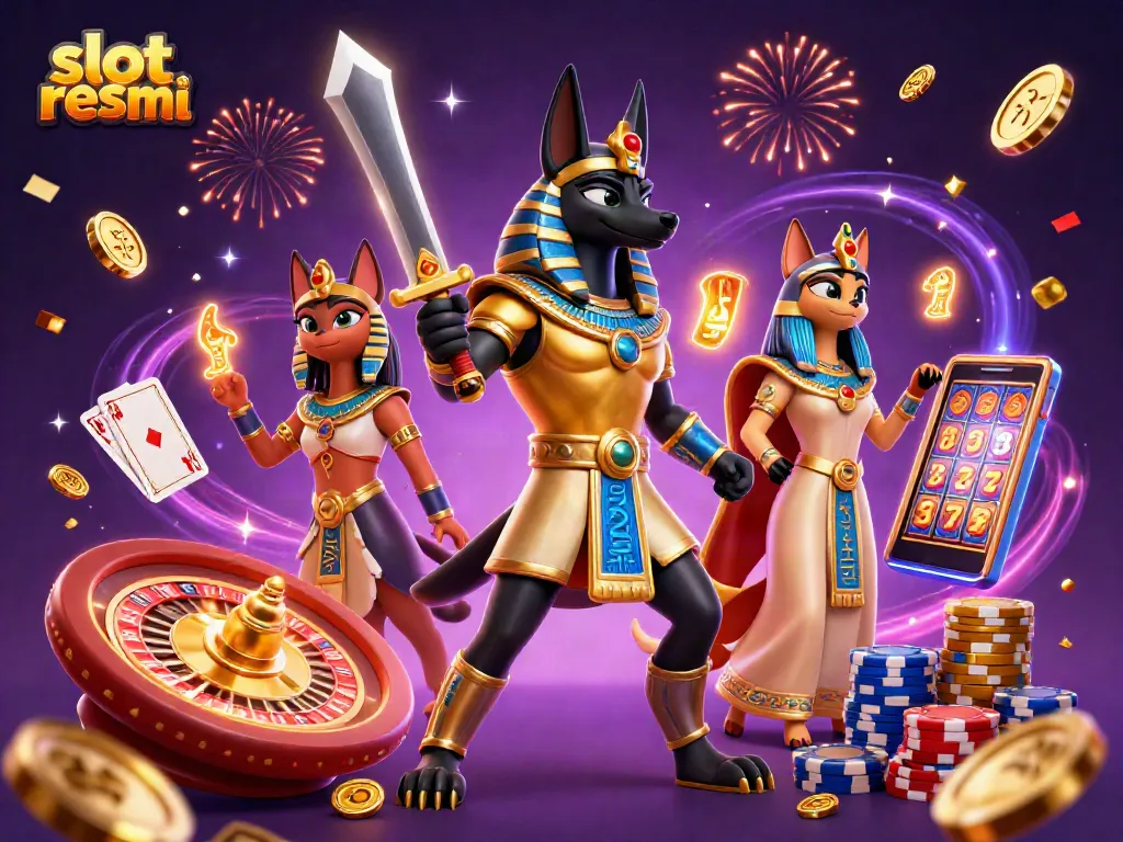 Experience thrilling moments with slot resmi as Anubis and Bastet celebrate casino wins.