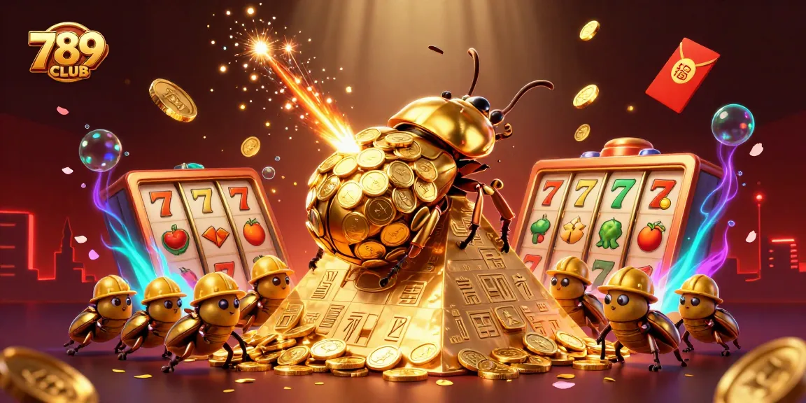 Engage with 789CLUB's vibrant gaming world featuring a golden dung beetle rolling coins and dynamic slot elements.