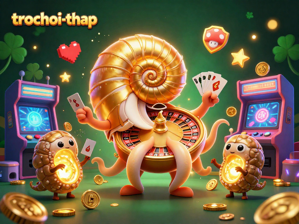 Engage with the thrilling trochoi-thap adventure featuring a giant nautilus and glowing arcade machines.