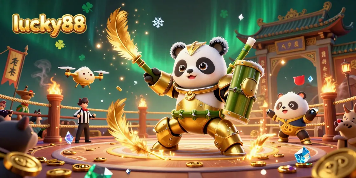 Engage with lucky88's lively casino arena featuring a golden panda piloting a bamboo robot surrounded by cheering spectators.