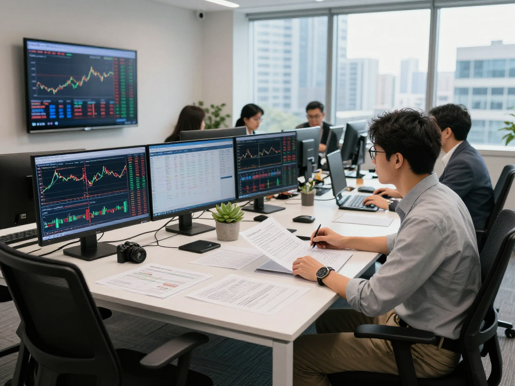 Financial analyst reviewing HKEX stock data feed in a modern office bustling with collaborative energy.