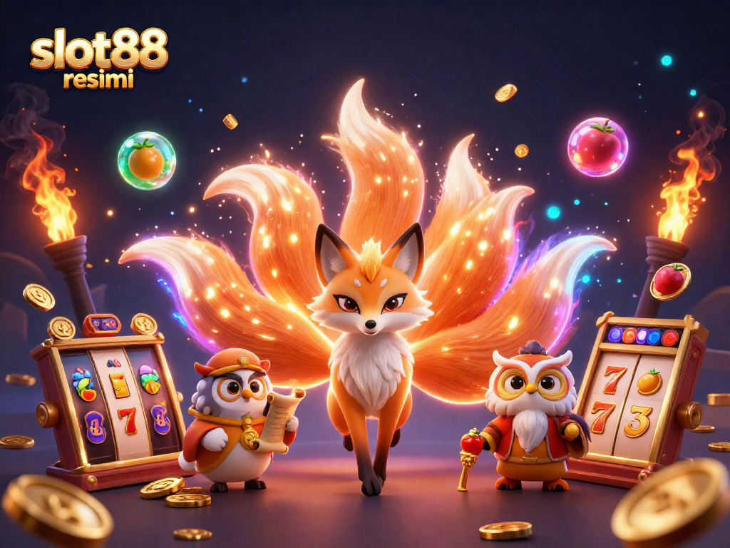 Experience the thrill of slot88 resmi with a vibrant, lively 3D scene filled with lucky symbols and game elements.