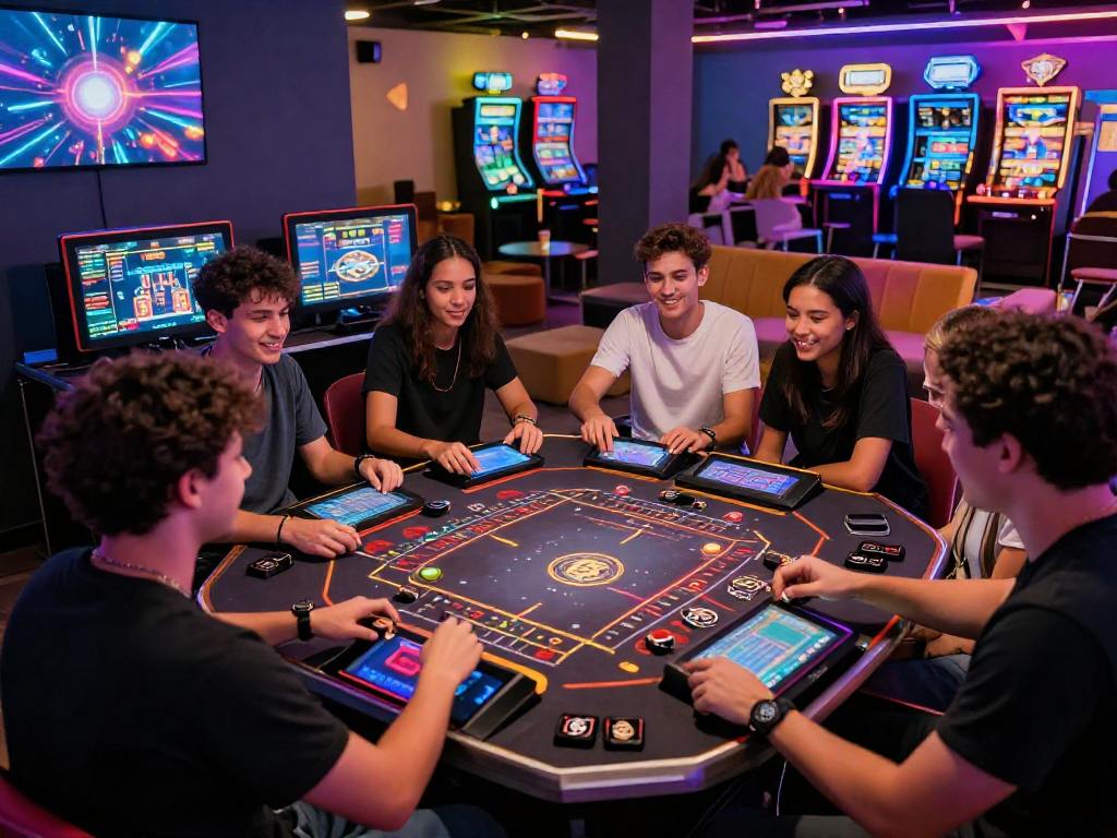 Group of friends enjoying a vibrant crypto casino game in a modern gaming lounge.