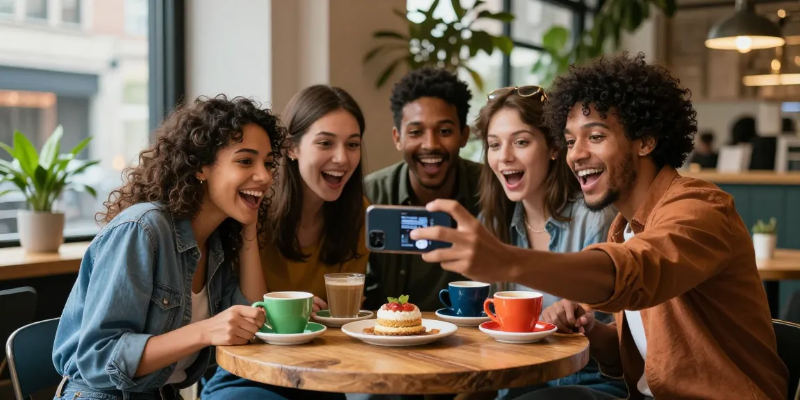 Friends testing attractiveness on a smartphone in a café setting.