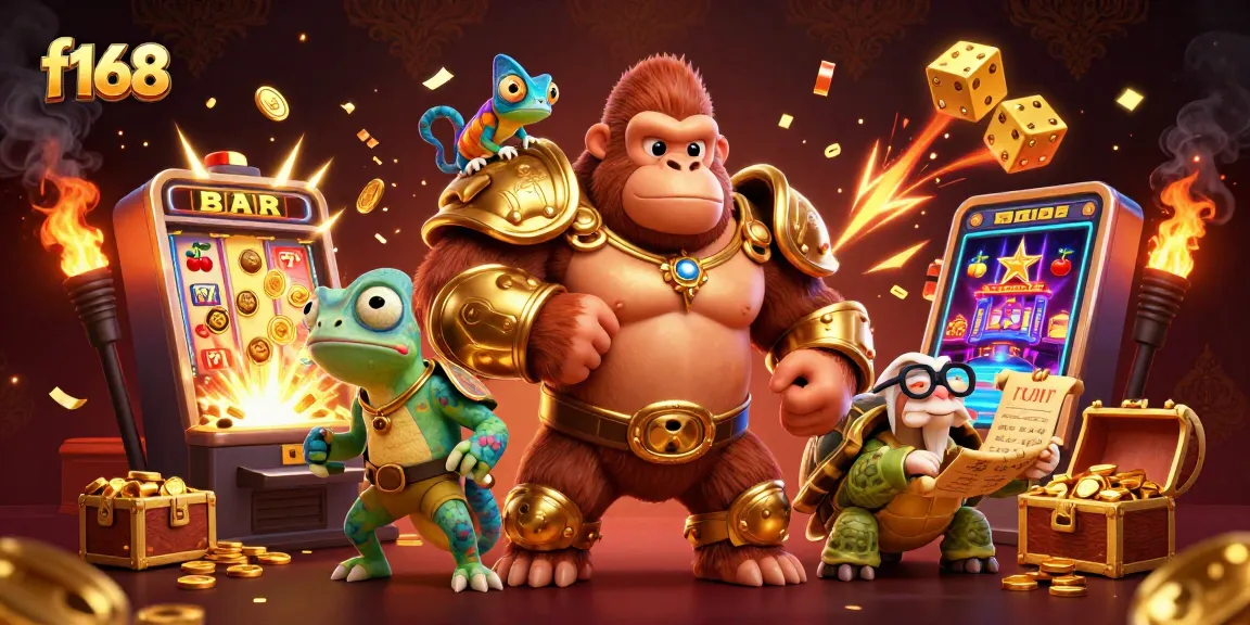 Engage with thrilling f168 casino adventures surrounded by vibrant gaming symbols and characters.