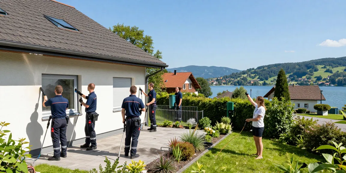 Professionelle Reinigung Möhnesee: Team bei der Fassadenreinigung mit umweltschonenden Mitteln.