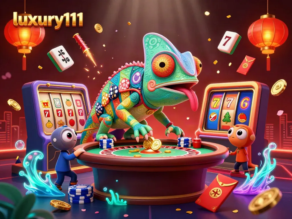 Experience the thrilling world of gambling with luxury111, featuring a chameleon casino owner and vibrant slot reels.