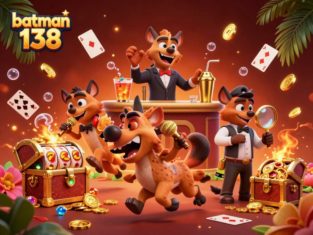 Join the fun at batman 138 in this vibrant casino scene with hyenas playing and golden treasures exploding.