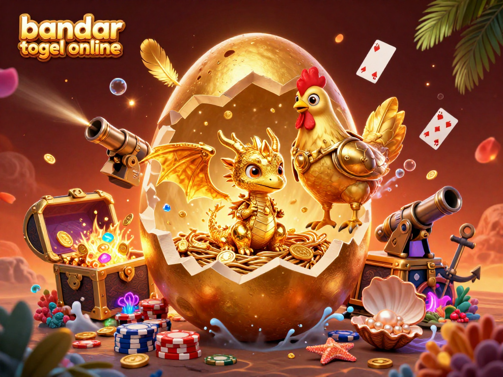 Experience the excitement at bandar togel online as a crystal gold dragon emerges from a golden egg amidst poker chips and treasures.