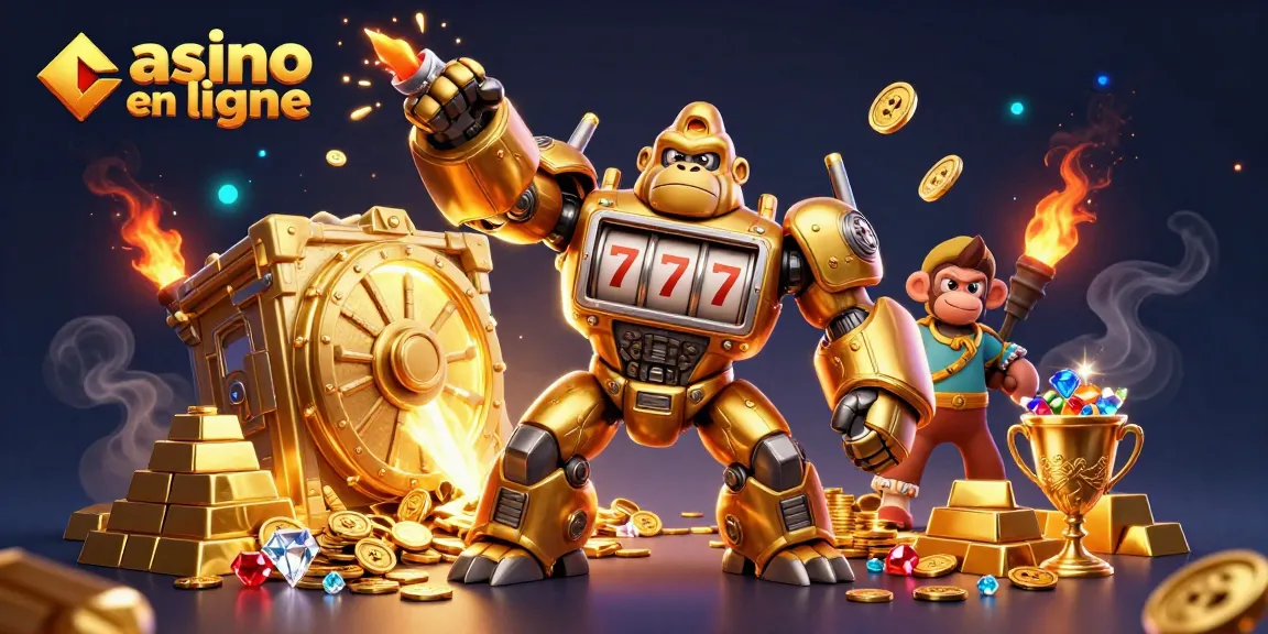Le gorille mech doré interagissant avec des éléments de jeu, représentant l'univers du casino en ligne.
