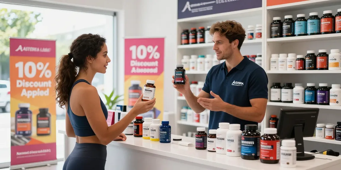 Customer exploring products at Astera Shop with professional assistance and promotional highlights.