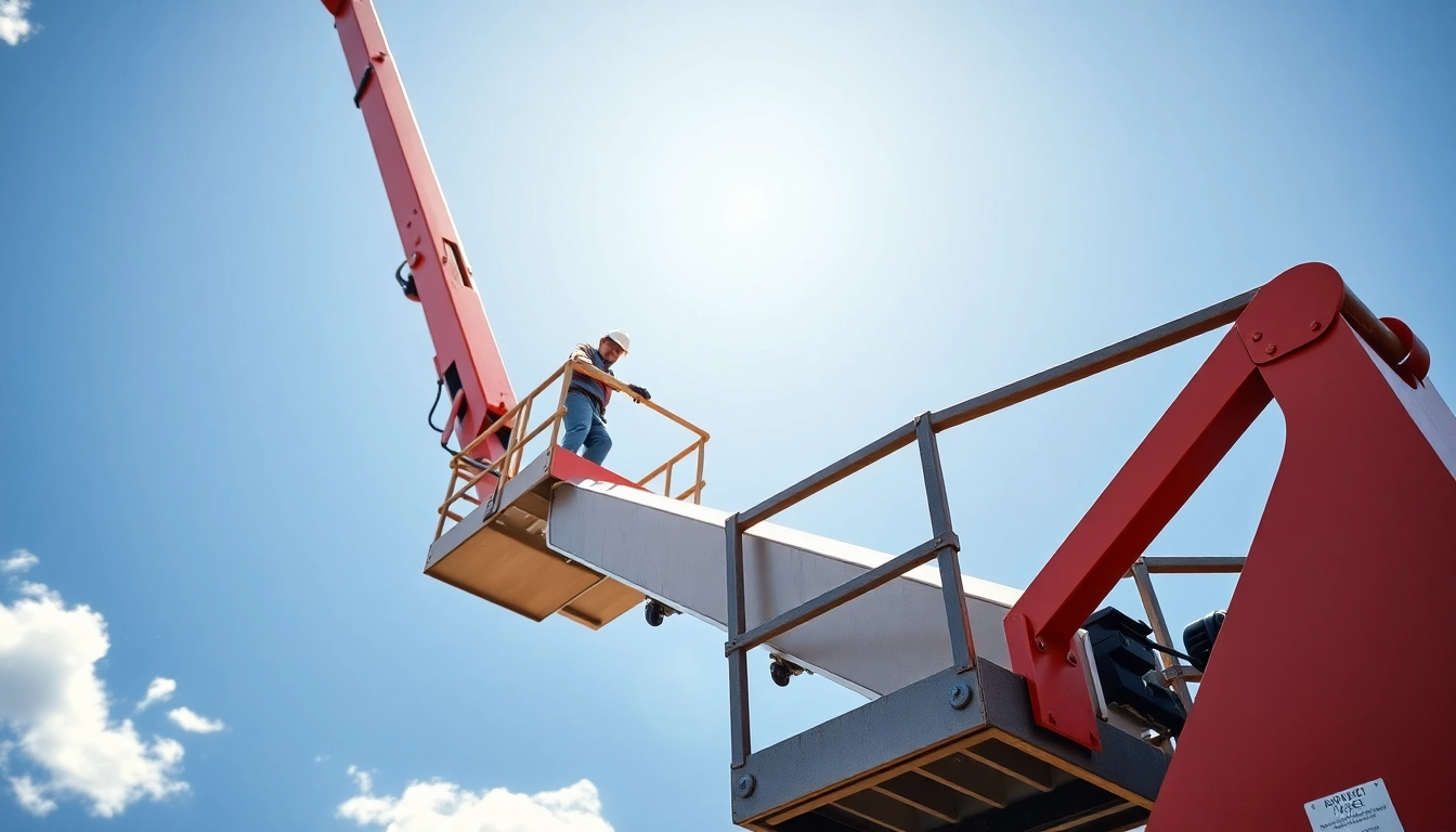 Worker operating a cherry picker at a construction site for elevated access.