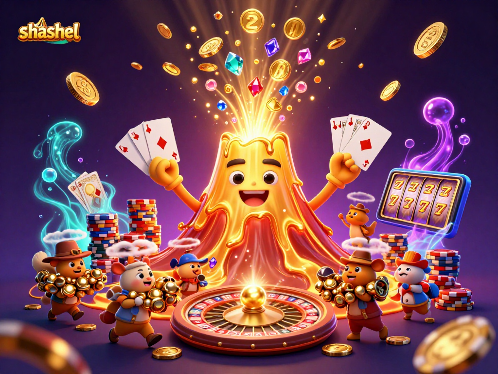 Shashel showcases a triumphant golden volcano erupting coins and treasures in an exciting casino scene.