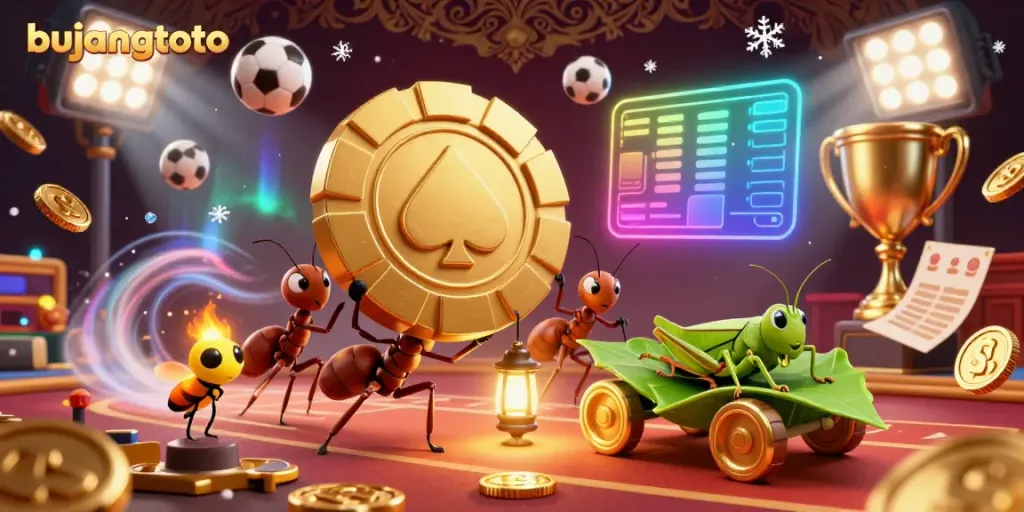Bujangtoto heist scene with ants carrying a golden chip amid casino elements and dynamic energy.