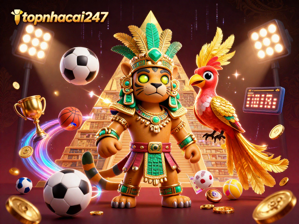 topnhacai247 features a Mayan jaguar priest and quetzal bird in a vibrant casino scene with sports betting elements.