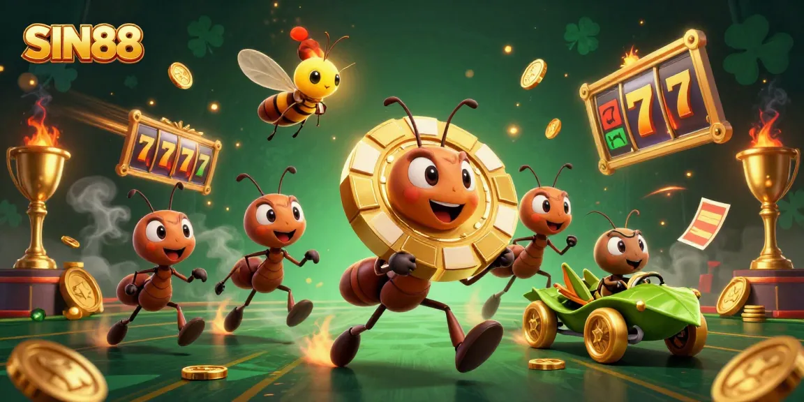 SIN88 team of ants executing a casino heist with dynamic gambling elements and vibrant visuals